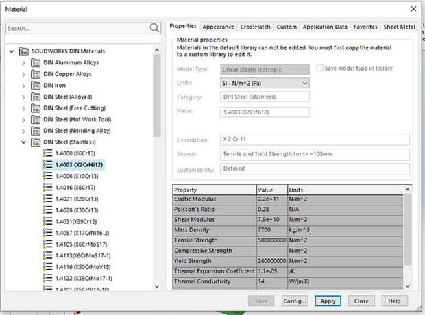 Material specification table in SolidWorks